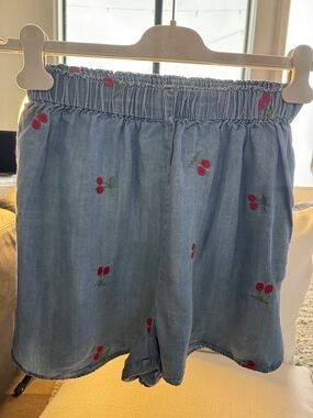 Light Blue Denim Shorts with Cherry Embroidery